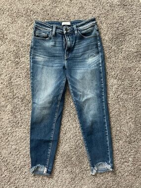 KanCan Dark Blue High-Rise Ankle Crop Jeans with Frayed Hem